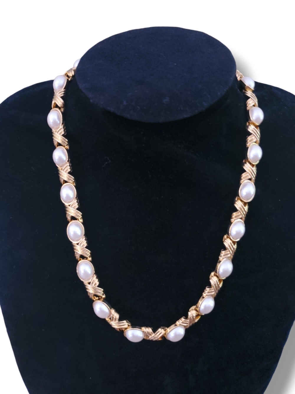 Vintage Gold Faux Pearl Cabochon Braided Link Choker Necklace 16” Statement